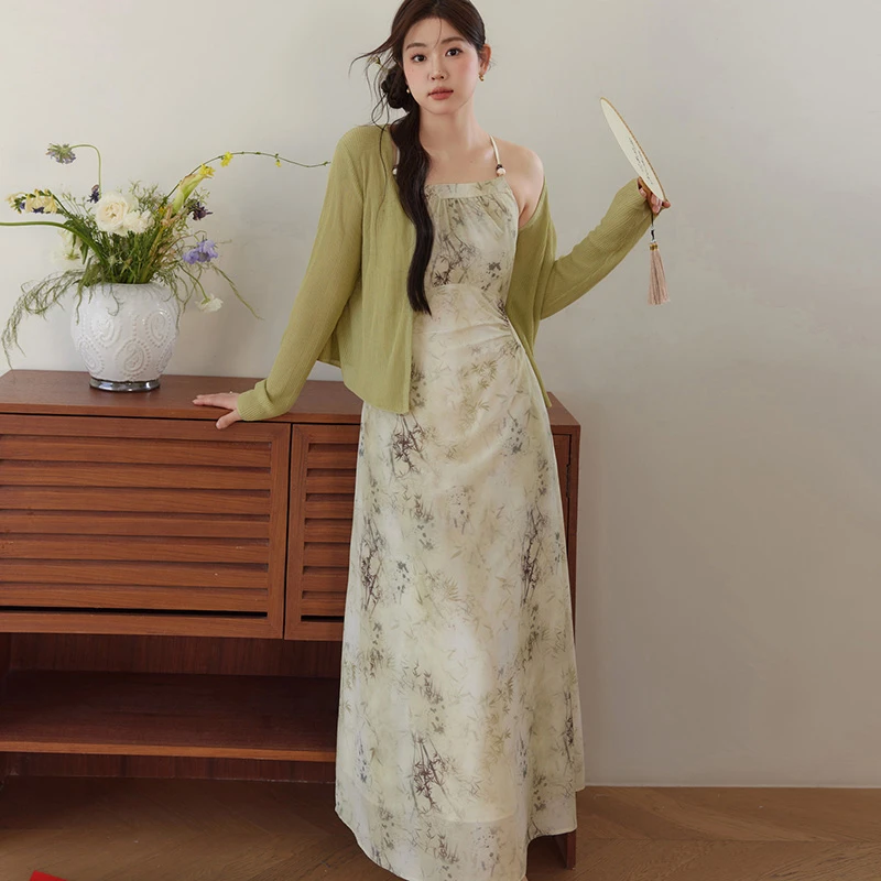 【PJ】【大码】【两件套】2025中式胖mm法式印花吊带连衣裙配开衫B8161