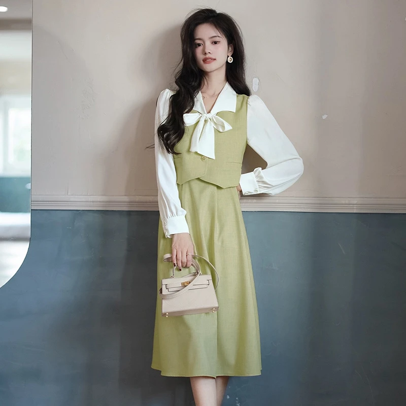 【密】假两件连衣裙女长袖2025新款复古收腰中长款法式茶歇裙子6712