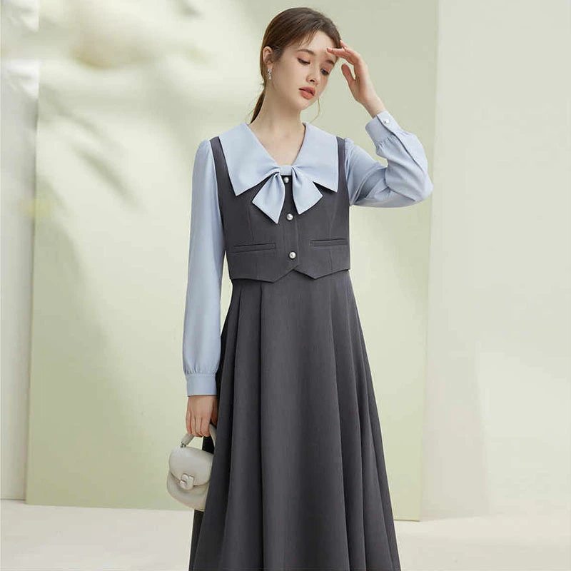 2025秋季新款气质学院风假两件连衣裙2025新款女春蝴蝶结长裙2183