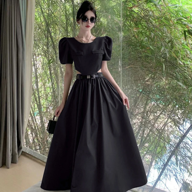 法式赫本风气质连衣裙女装夏季新款泡泡袖宽松显瘦收腰长裙子1588