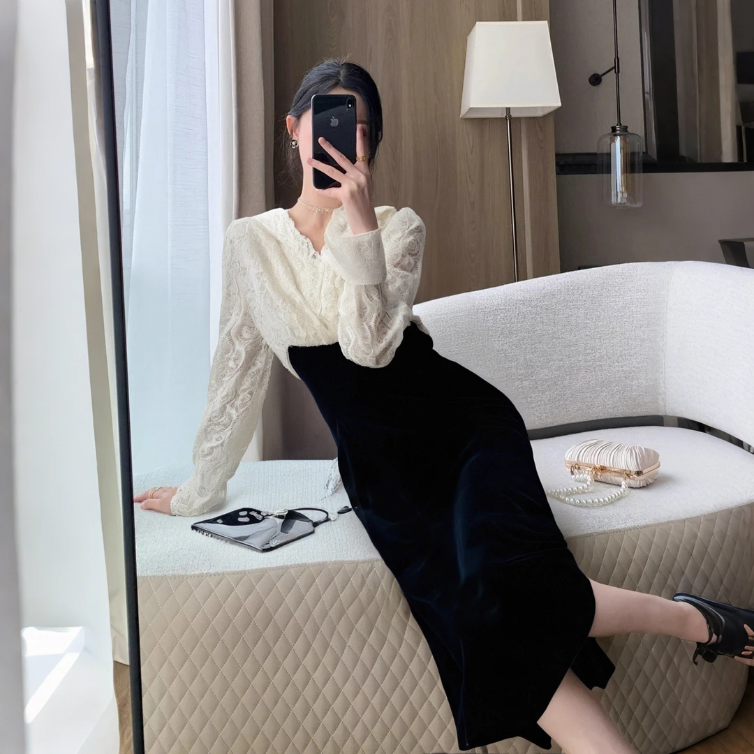 2025名媛显瘦假两件裙子蕾丝包臀女装时尚连衣裙2661