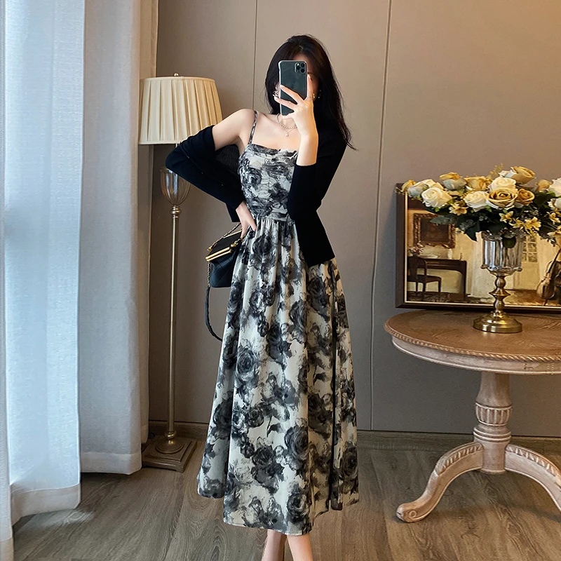 【密】【两件套】法式复古水墨碎花抹胸吊带女新款设计感气质收腰6804