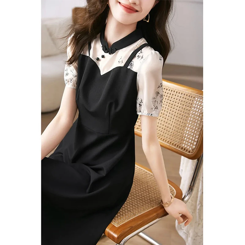 S-XL夏季新中式连衣裙女2025新款小个子收腰显瘦假两件裙子7249