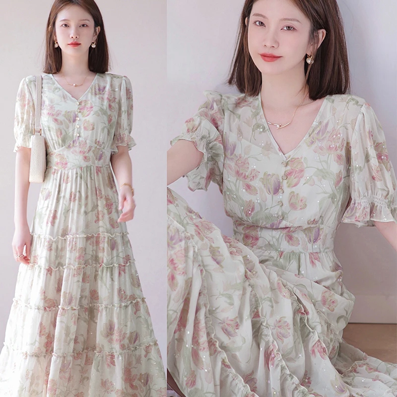2025夏季新款碎花显瘦女装连衣裙气质时尚收腰温柔长裙Z0050