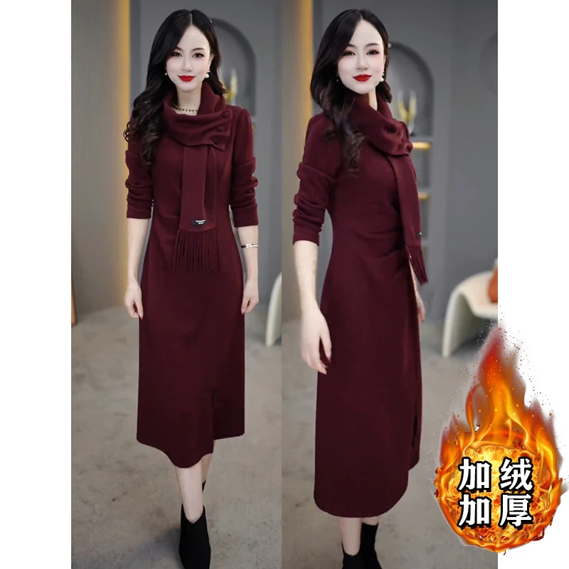 【加绒加厚】高级感优雅新款褶皱V领A字裙收腰显瘦过膝连衣裙2506