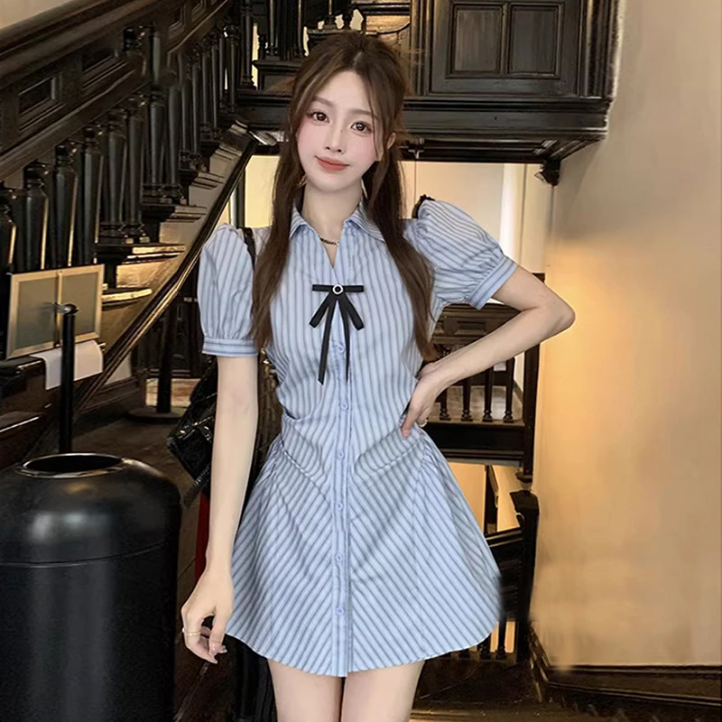 学院风收腰小众女装条纹夏季蓝色衬衫裙子小个子6727