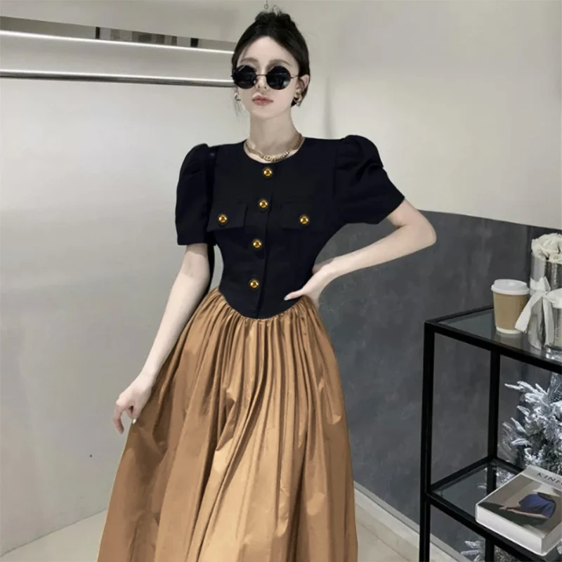 【珍珍】胖mm妹妹连衣裙法式拼接夏季复古时尚高腰裙子1525