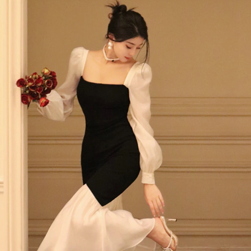 法式方领撞色拼接连衣裙女秋装2025年新款女修身鱼尾长裙子1831