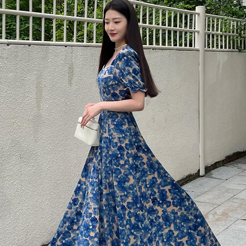 【长短款】2025新款i法式时尚碎花短袖收腰显瘦女装连衣裙子1597