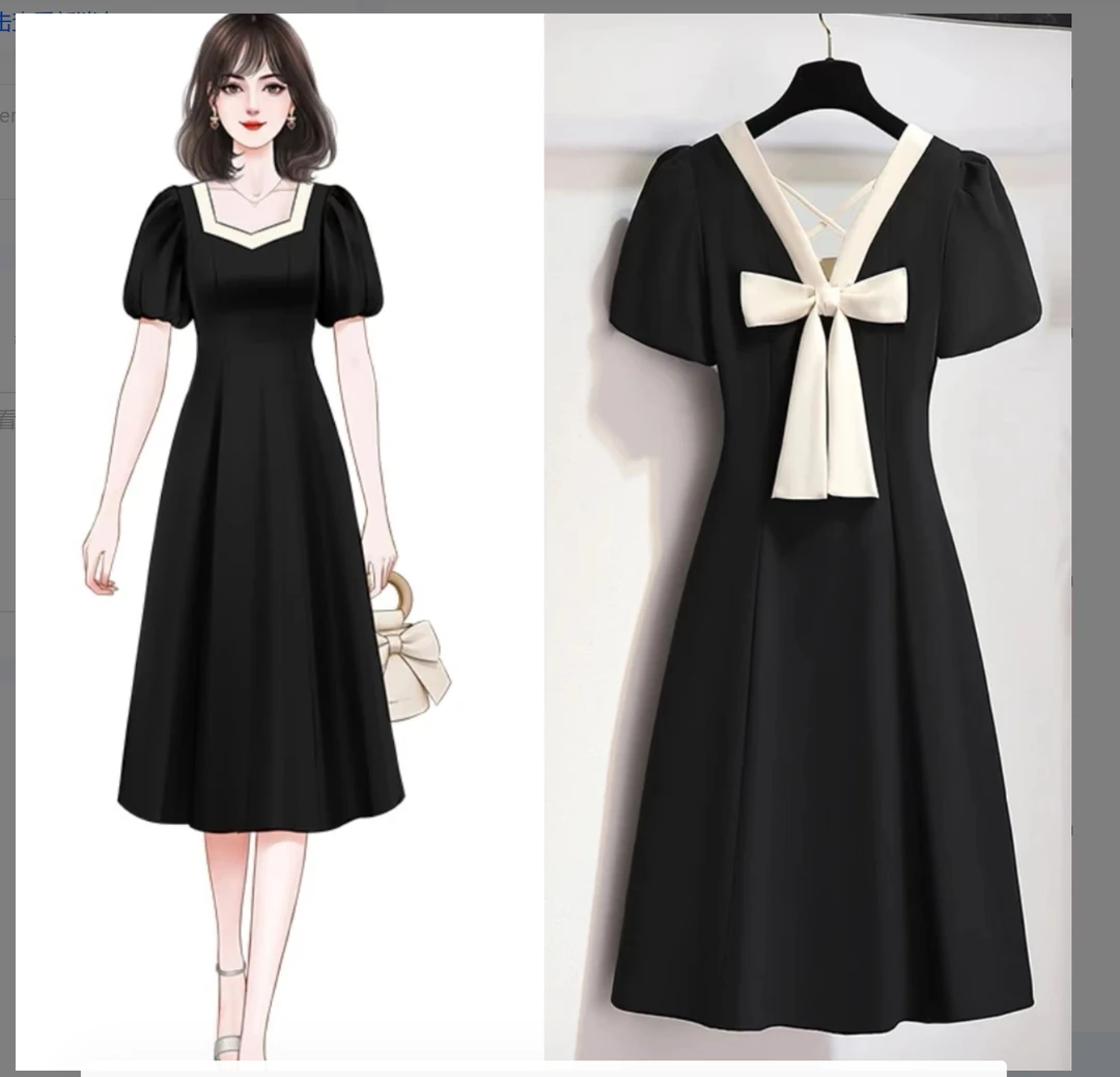 宝藏衣橱黑色小个子赫本风连衣裙2025气质方领小黑裙7019