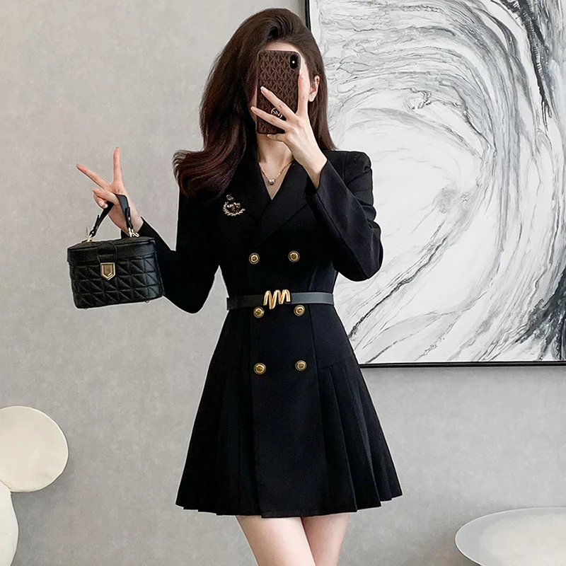 【送腰带】赫本风黑色西装连衣裙2025新款小个子修身百褶裙1875