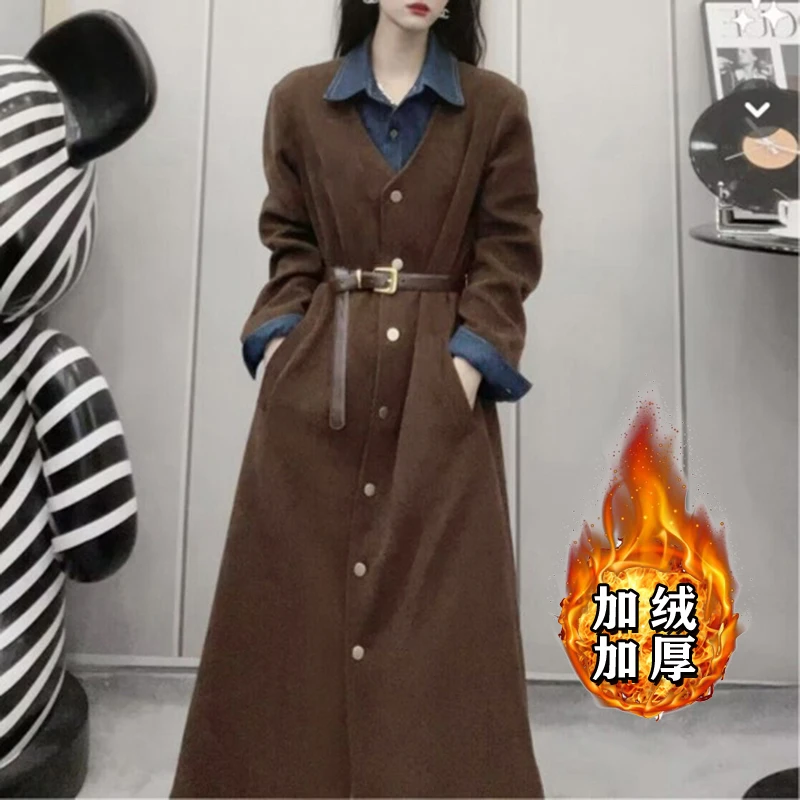 【常规/加绒】复古遮肚收腰显瘦单排扣假两件撞色气质连衣裙女6294