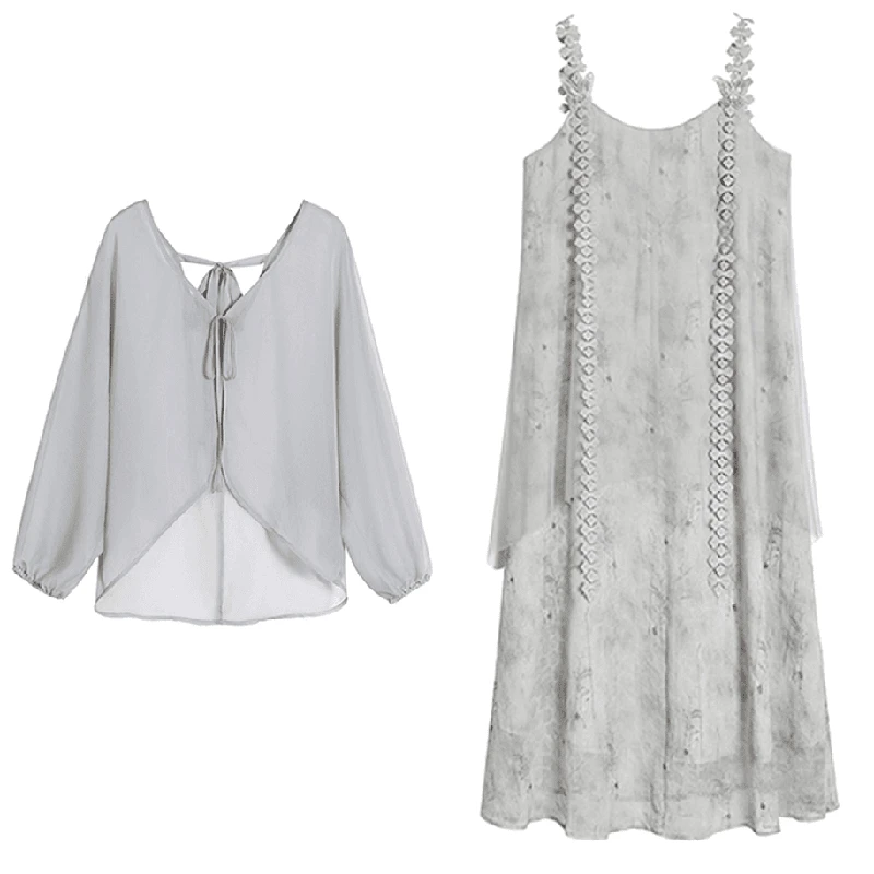 【大码】【两件套】【有里布】胖mm夏季套装国风显瘦遮肉连衣裙B8151