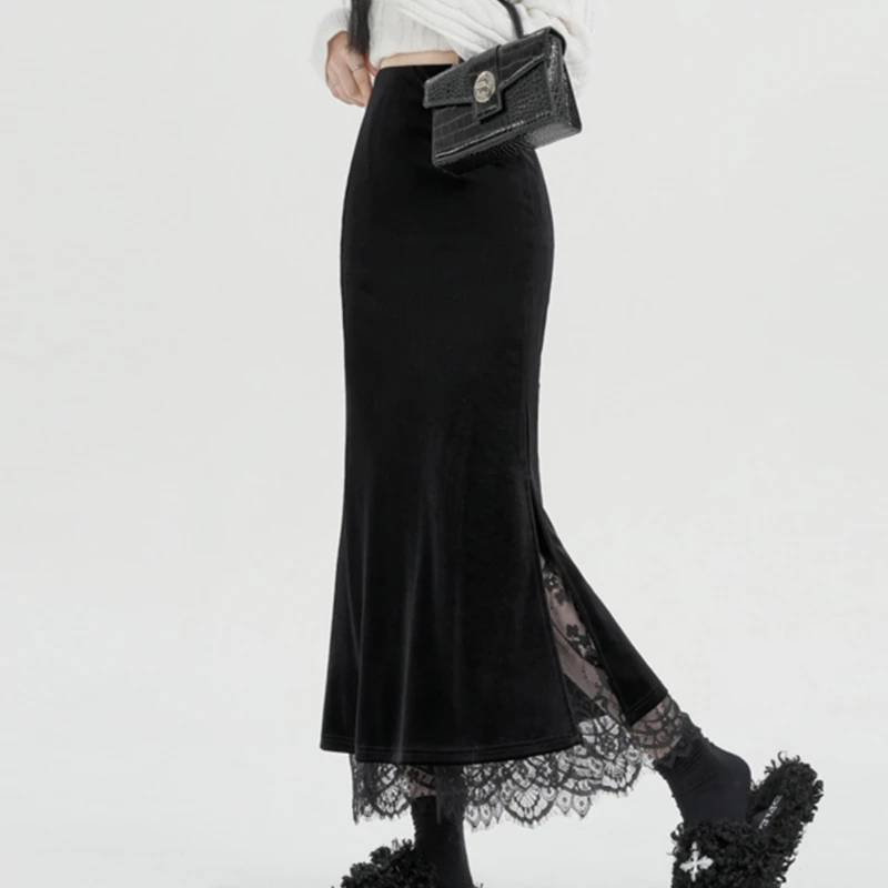 2025秋高端黑色半身裙女高腰开叉包臀裙复古显瘦中长款一步裙2597