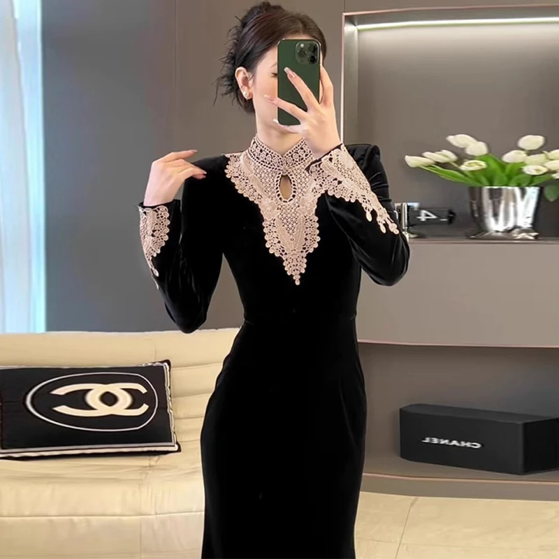 高级感精致奢华大牌气质黑色连衣裙鱼尾修身显瘦礼服长裙2412