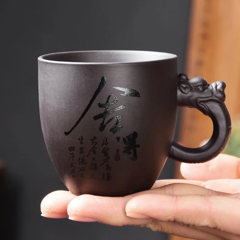 紫砂手工原矿紫泥带把紫砂主人杯-100cc（刻字随机发货）