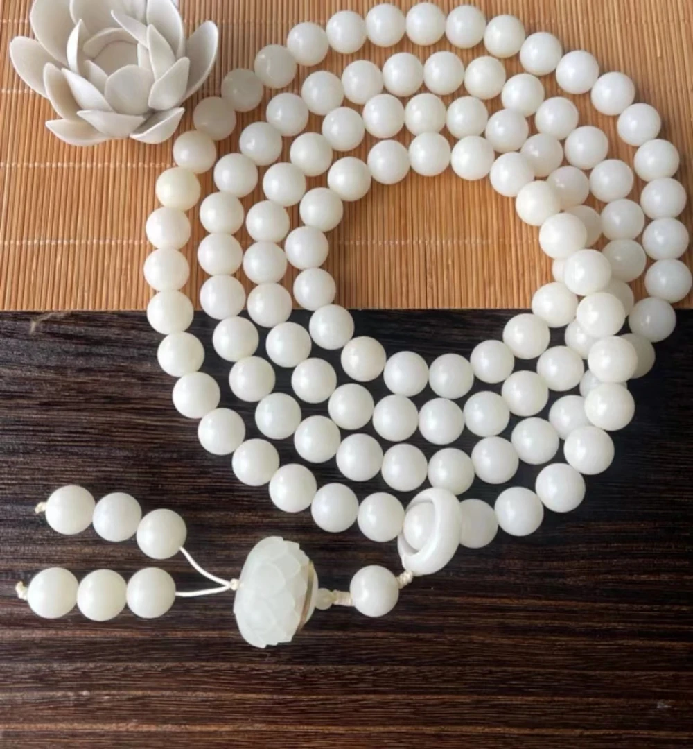 （送三瓶香丸）白玉菩提手持手串10/108弟子珠搭夜光莲花灯