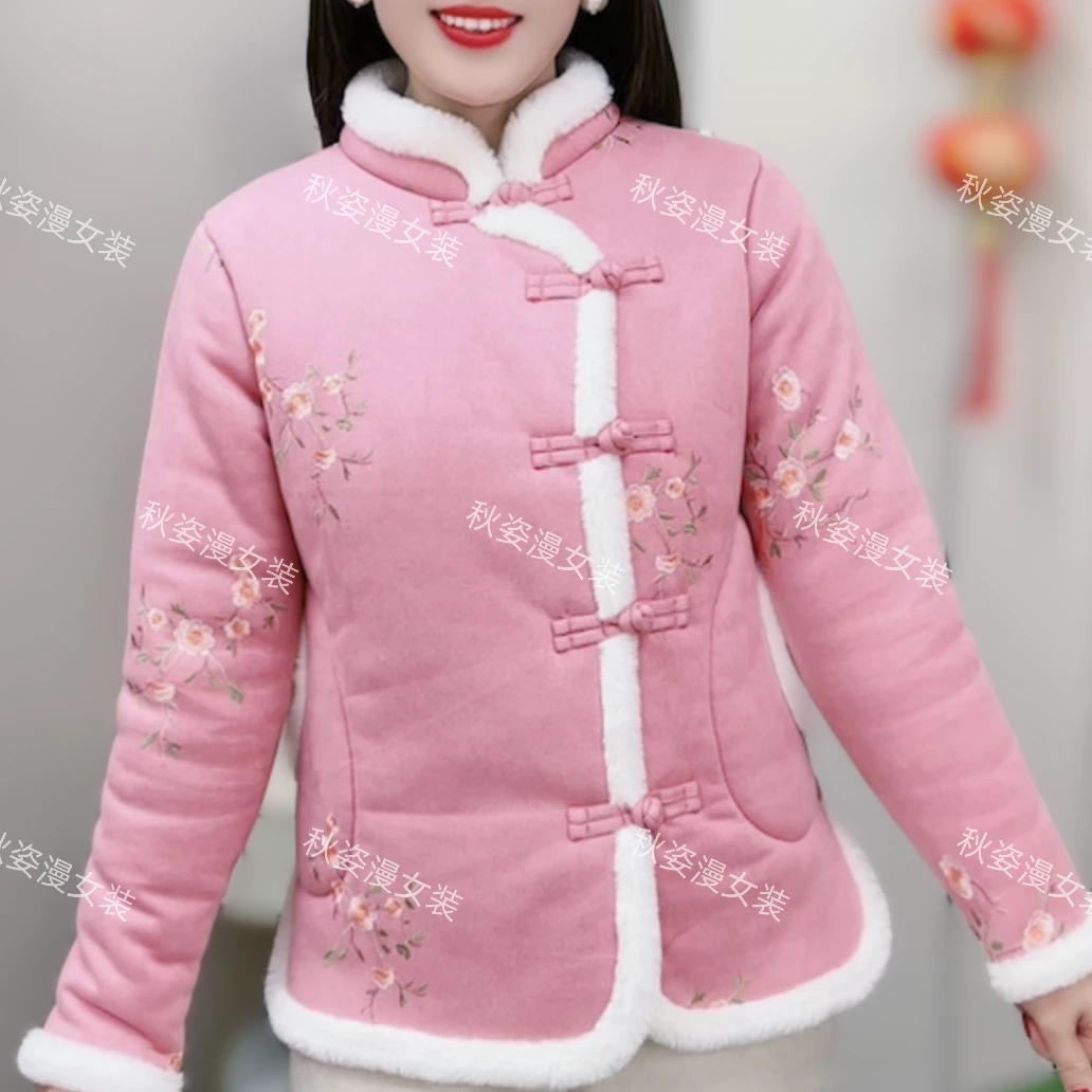 冬季新款加厚棉服中式复古网红绣花加绒保暖立领盘扣民族风女棉衣