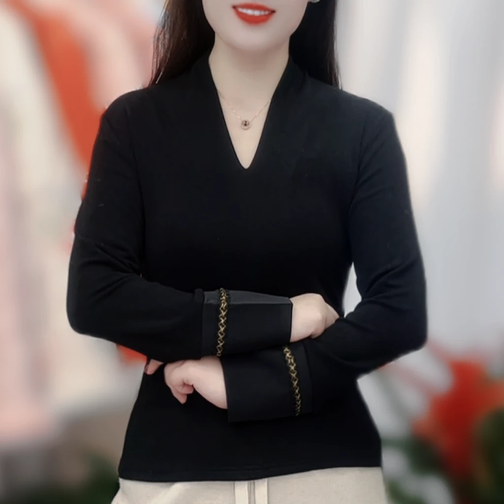 2024爆款深v领打底衫女加厚双面德绒新款秋冬季内搭修身长袖T恤衫