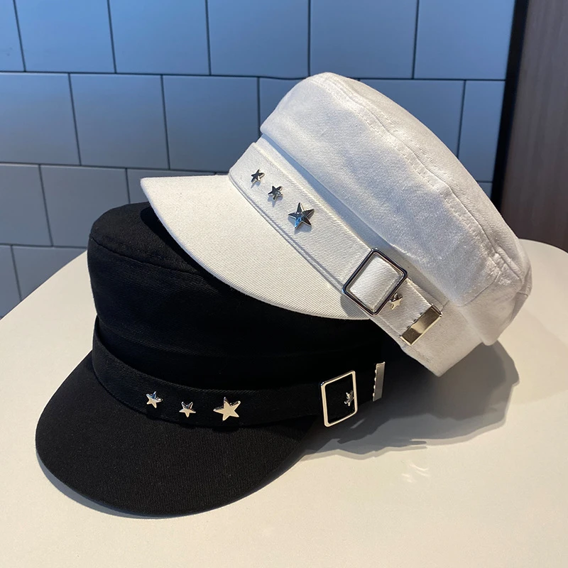 黑色星星鸭舌帽子女秋冬季英伦复古贝雷帽新海军风韩版报童画家帽