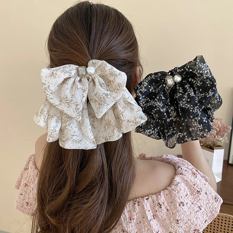 法式田园风碎花蝴蝶结抓夹爆款小清新个性百搭发夹鲨鱼夹气质时尚
