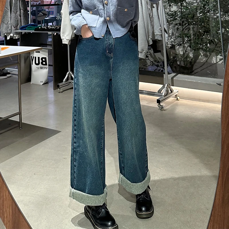 李潇洒微胖大码秋高腰设计感休闲拖地裤加绒宽松显瘦阔腿牛仔裤