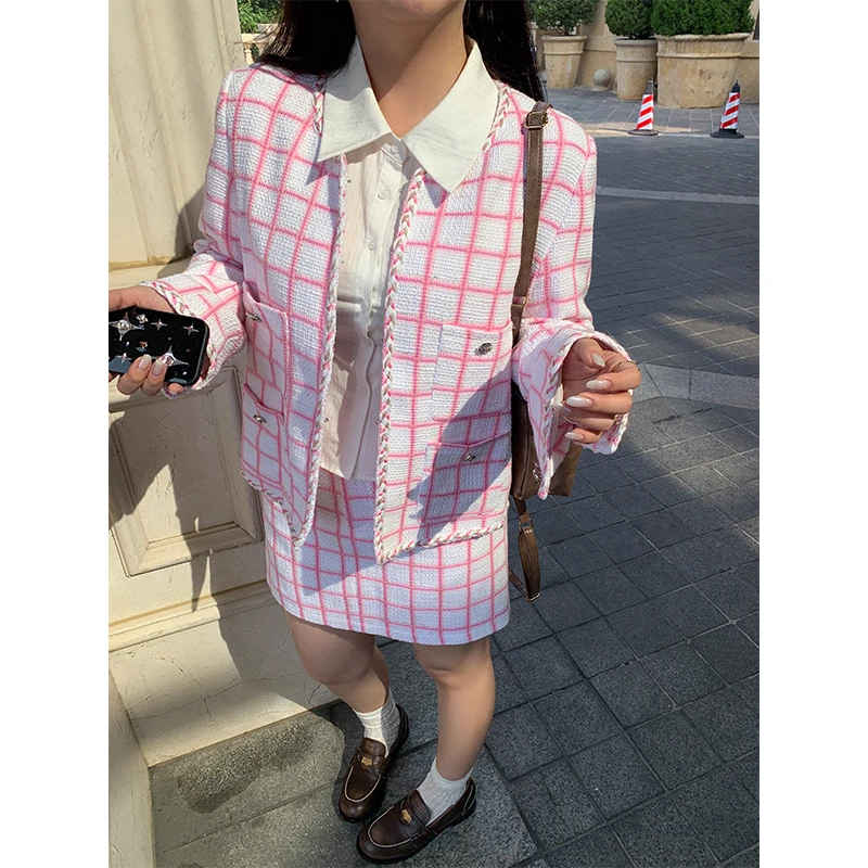 QC李潇洒微胖粉色小香风套装设计感名媛外套两件套XS309Z24/25