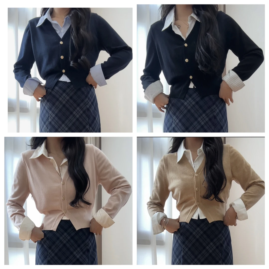 李潇洒微胖大码秋季女学院风衬衫毛衣拼接假两件韩版气质显瘦上衣