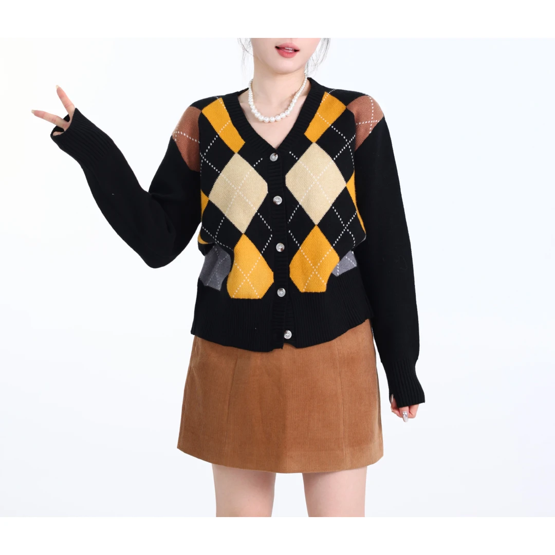 QC李潇洒微胖大码格纹针织开衫