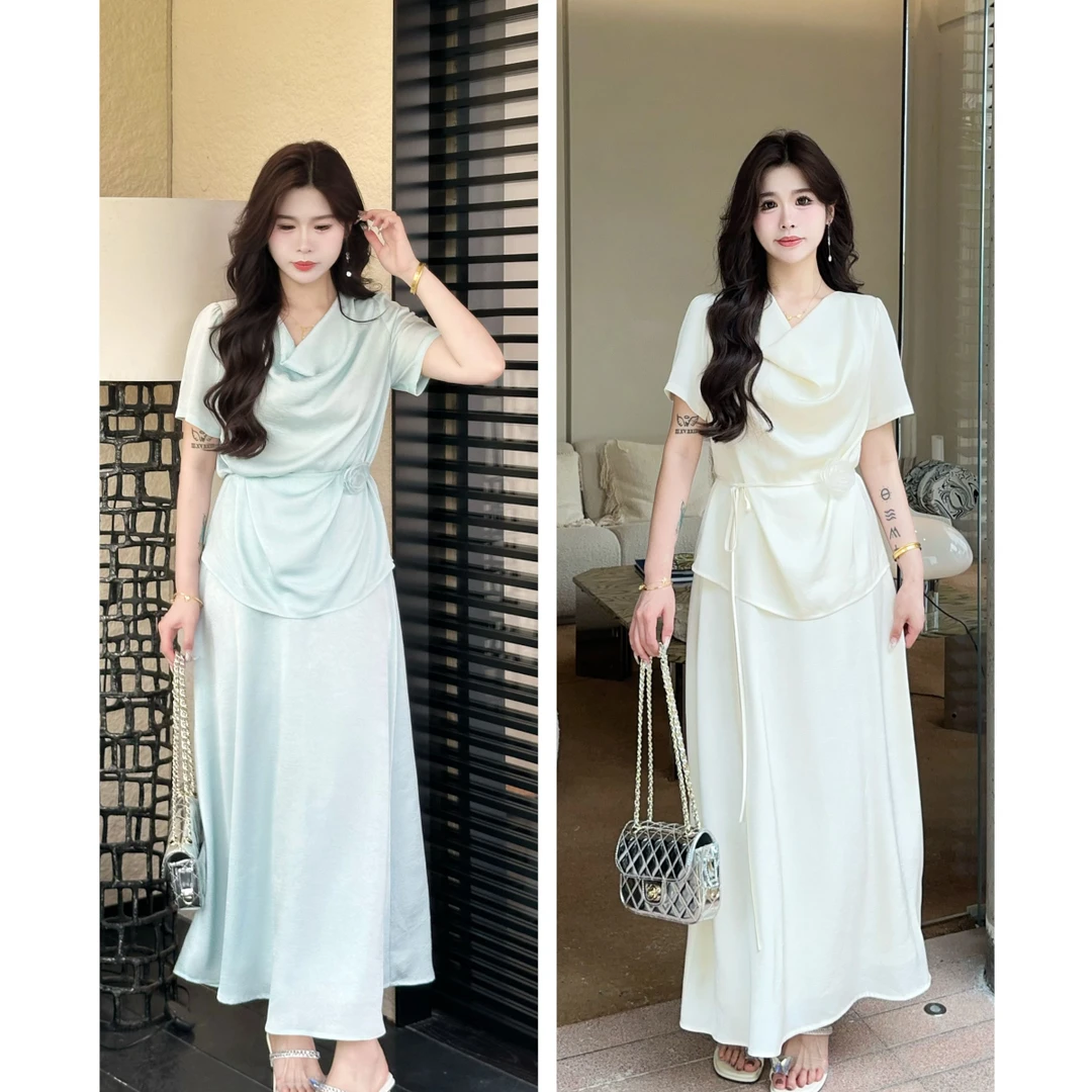 QC李潇洒【海盐薄荷】微胖大码清冷感荡领绑带小衫夏缎面半裙套装