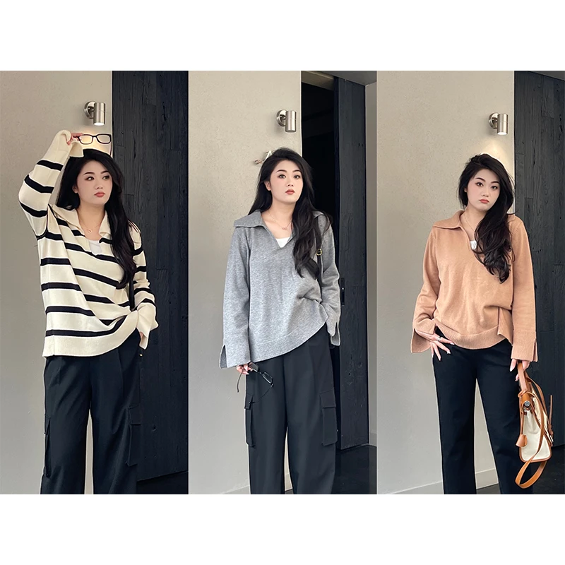 宣宣Liedu【悉尼往事】微胖大码女装秋气质百搭翻领V领毛衣ZY307Q78