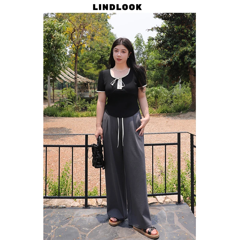 QC李潇洒【黑标系列】微胖灰色高腰阔腿休闲裤女夏宽松直筒裤子