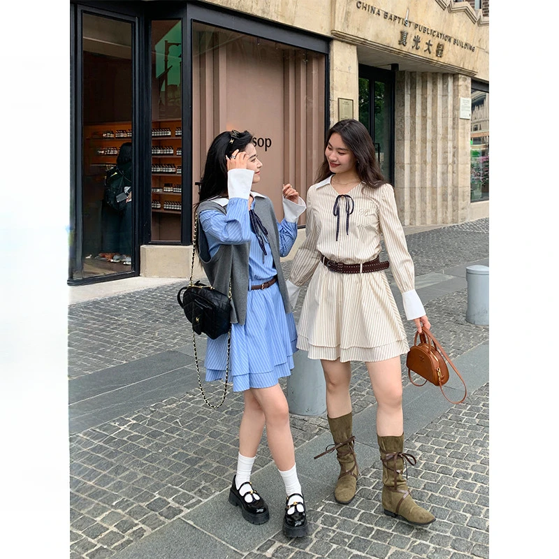QC李潇洒微胖mm大码条纹翻领长袖衬衫连衣裙女秋宽松短款显瘦裙子