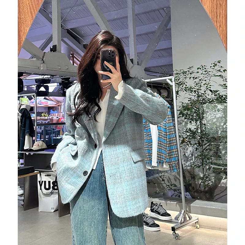 QC李潇洒微胖大码秋冬气质显瘦休闲格纹西装时尚百搭设计感羽绒服