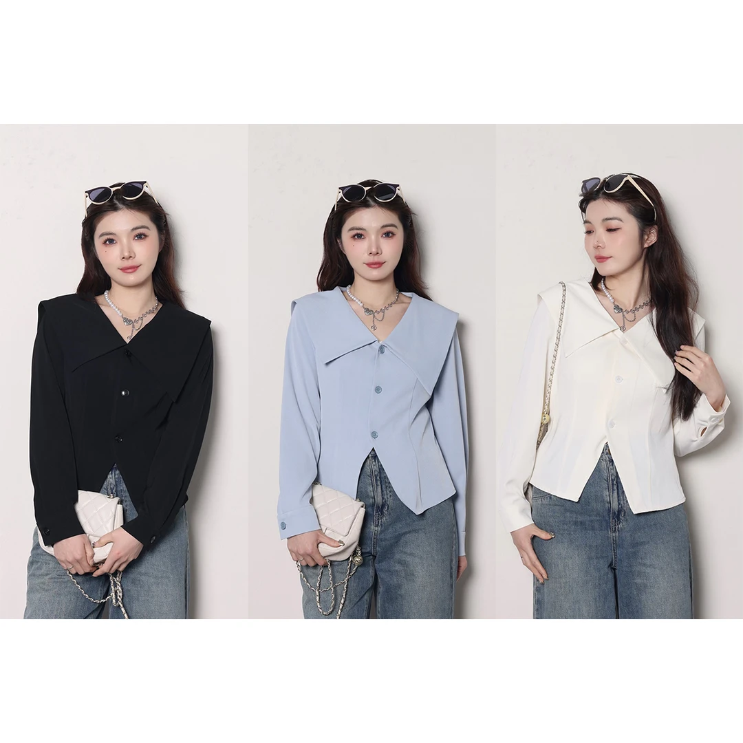 QC李潇洒 微胖大码黑色翻领长袖衬衫女显瘦设计感衬衣XS310H48