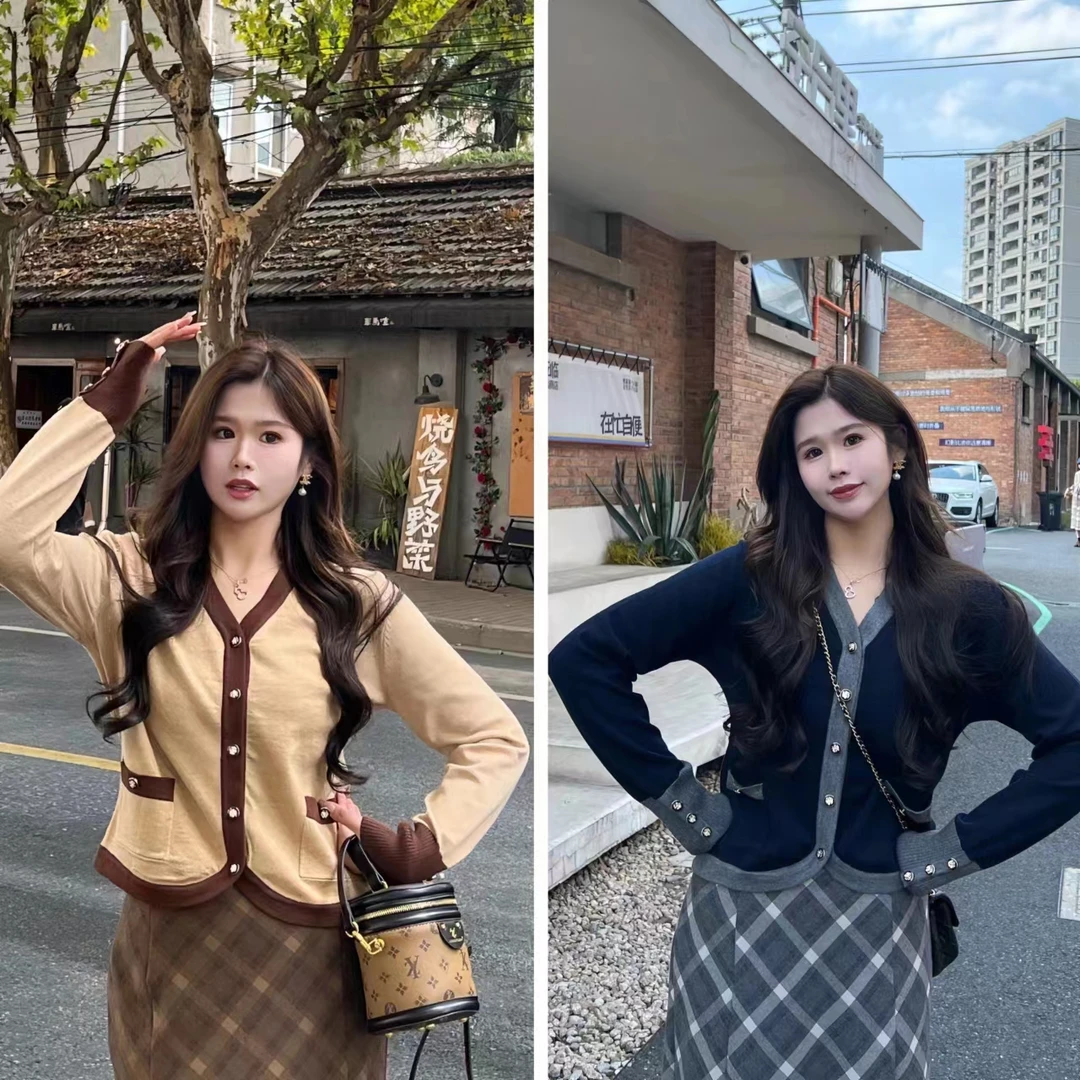 QC李潇洒微胖新款法式小香风金扣撞边设计气质V领开衫XS308A60