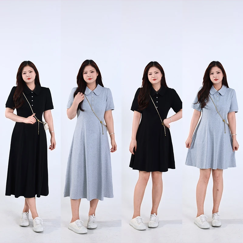 念念&李潇洒【格雷女孩】微胖大码女夏季收腰气质休闲Polo领连衣裙