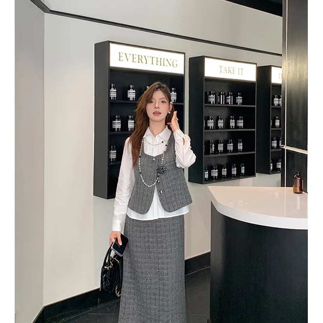 QC李潇洒微胖大码小香白衬衫灰色马甲显瘦半裙XS409Z45/44/46