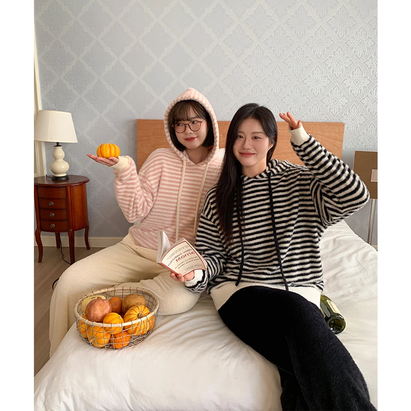 QC李潇洒微胖大码黑色连帽条纹卫衣高腰阔腿休闲裤慵懒两件套装