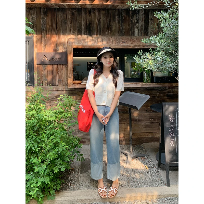 念念&李潇洒 微胖复古重工水拼接牛仔裤女夏薄款直筒显瘦九分裤子