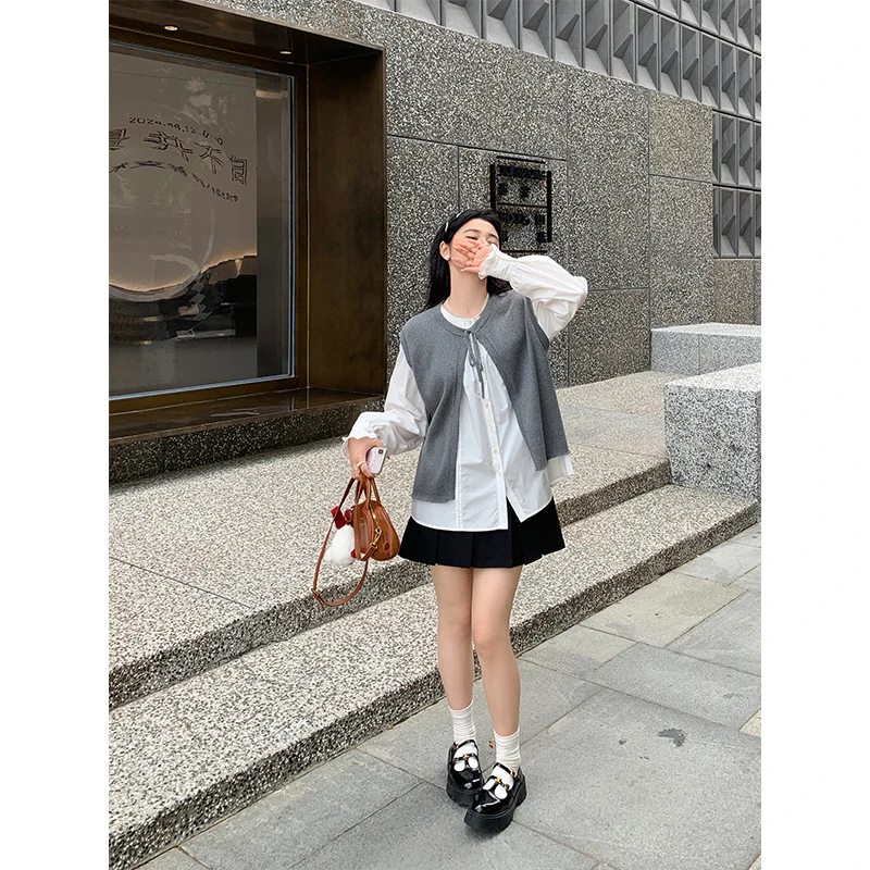 QC【小确幸】休闲女衬衣灰色针织马甲上衣XS408D45/46