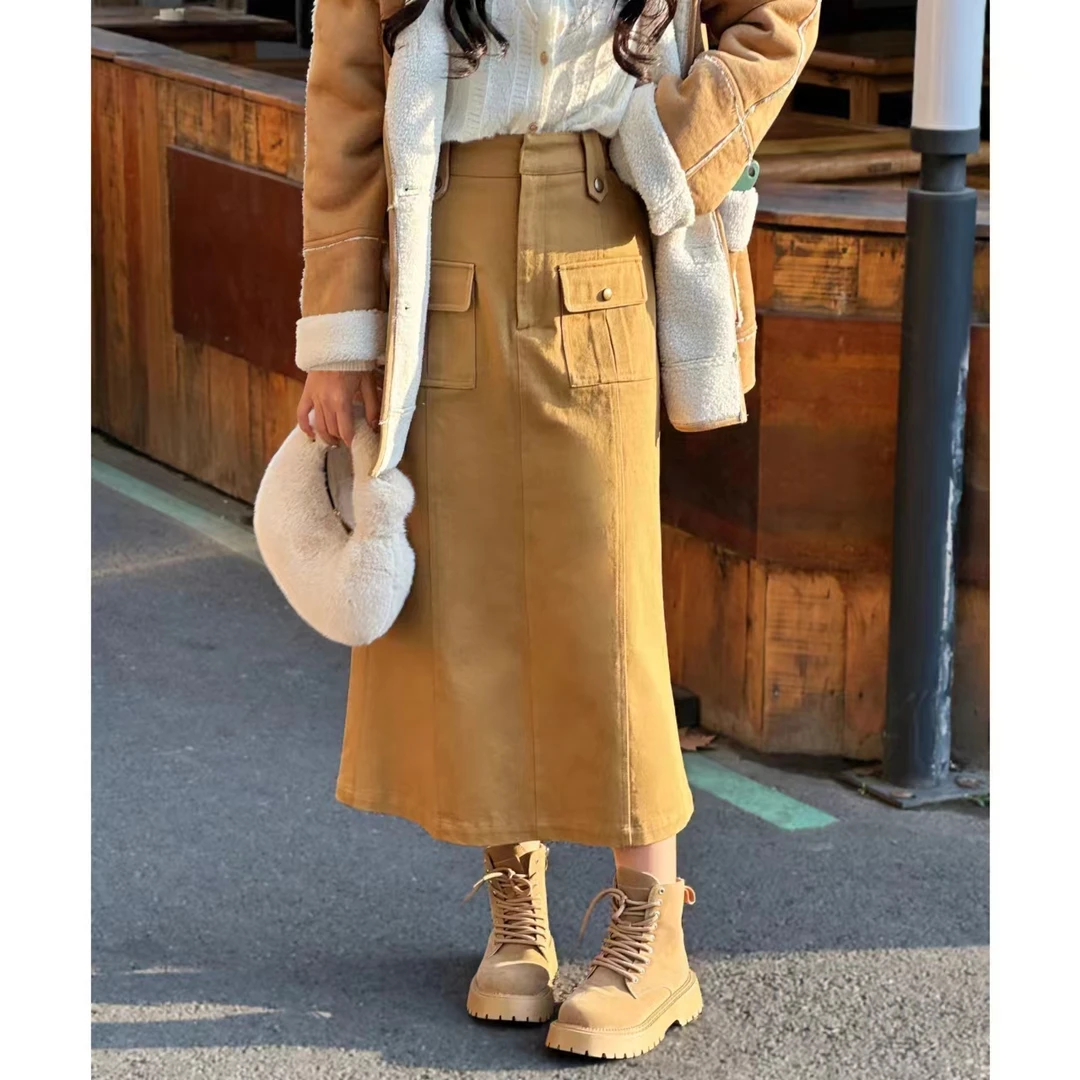 QC李潇洒-微胖大码秋复古高腰微鱼尾工装牛仔口袋半身裙XS309A69