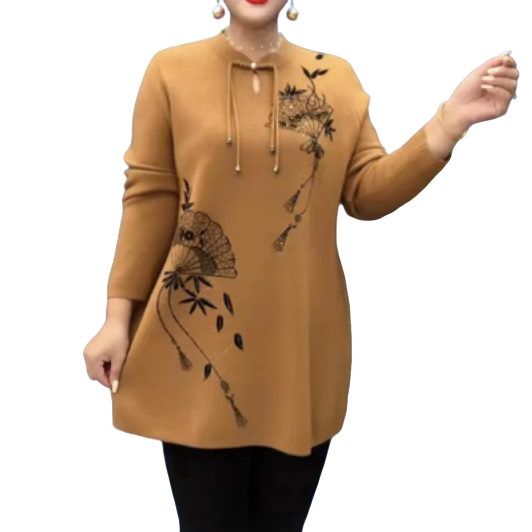 妈妈秋冬中长款针织毛衣中老年女宽松旗袍领打底连衣裙