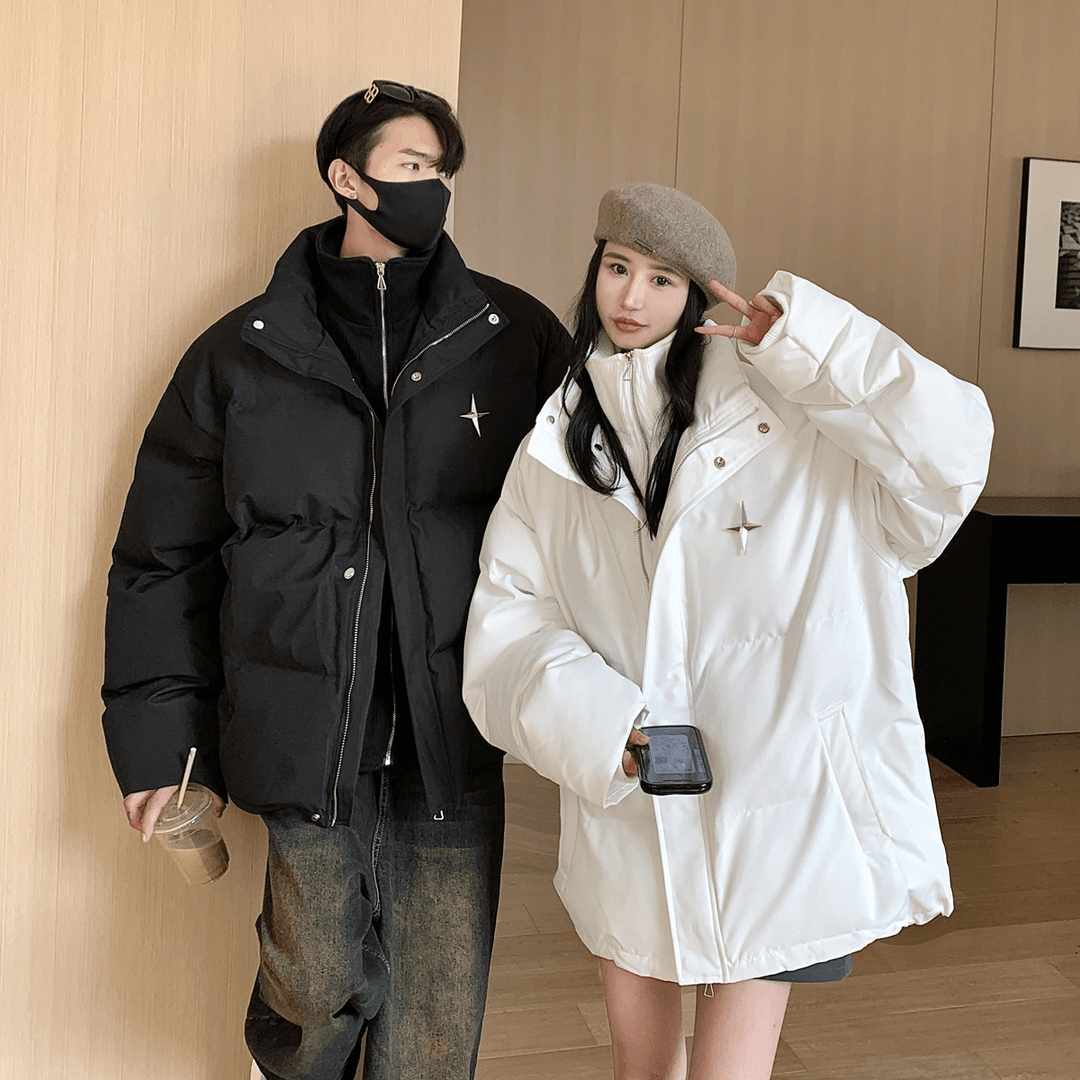 白色pu皮棉服男款冬季假两件立领面包服潮牌加厚棉衣cleanfit外套