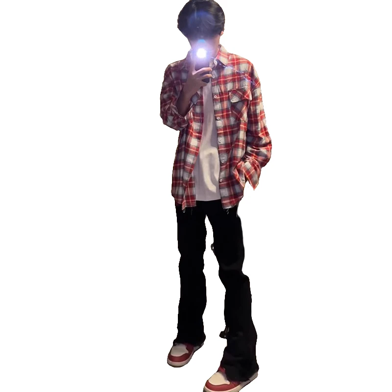 ootd纯黑色微喇牛仔裤男款直筒修身弹力美式vibe裤子高街毛边长裤