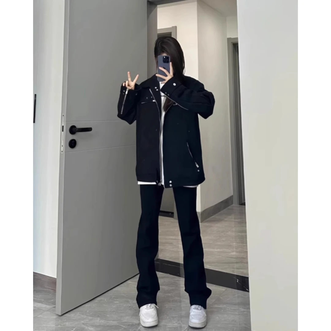 微喇纯黑色牛仔裤男生弹力修身美式vibe风裤子高街显瘦窄版直筒裤