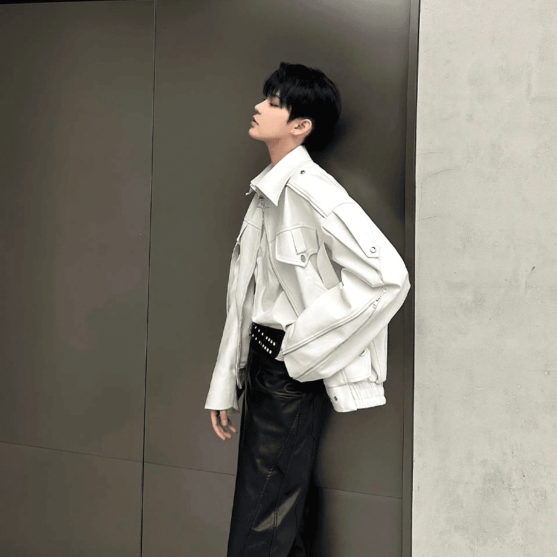 韶安 白色短款垫肩皮衣外套男高级感痞帅男装小众设计解构美式机车夹克