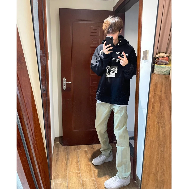 美式复古vibe裤子高街潮牌水洗黄泥染牛仔裤男修身显瘦直筒微喇裤