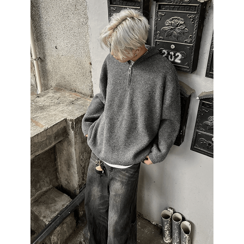 cleanfit灰色半拉链连帽毛衣男秋冬高级感美式慵懒宽松针织衫外套