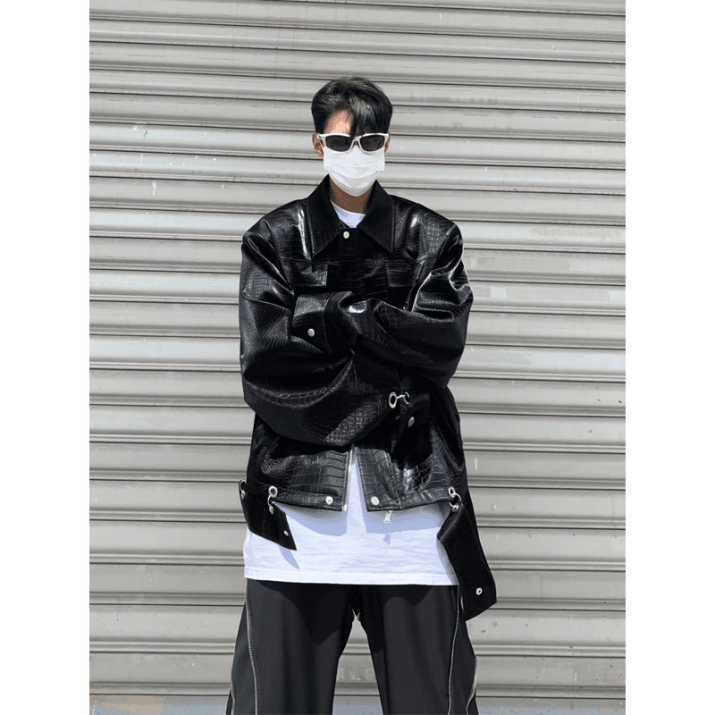 黑色短款垫肩皮衣外套男高级感痞帅小众设计感鳄鱼纹骑行机车夹克